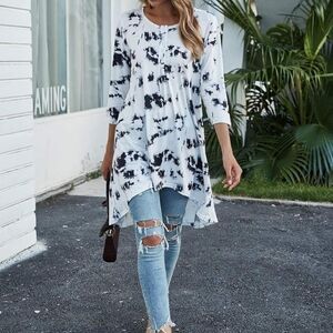 Naggoo Women's 3/4 Sleeve Button V Neck High Low Loose Fit Casual Long Tunic Top